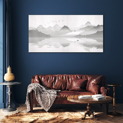 Glasbild Eine friedliche Berglandschaft in Monochrom