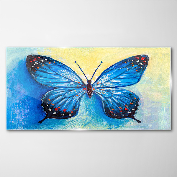 Glasbild Blauer Schmetterling auf abstraktem Hintergrund