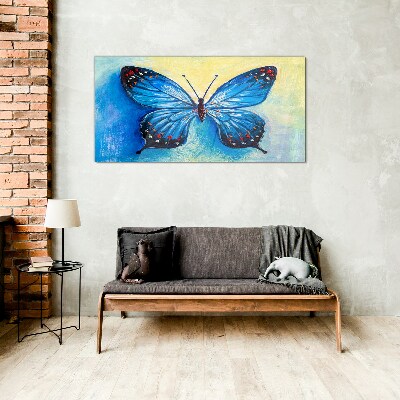 Glasbild Blauer Schmetterling auf abstraktem Hintergrund