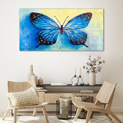 Glasbild Blauer Schmetterling auf abstraktem Hintergrund