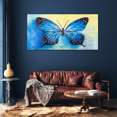Glasbild Blauer Schmetterling auf abstraktem Hintergrund