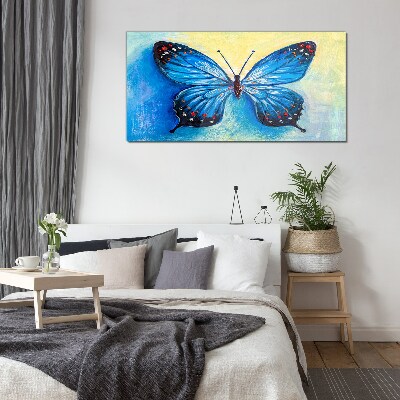 Glasbild Blauer Schmetterling auf abstraktem Hintergrund