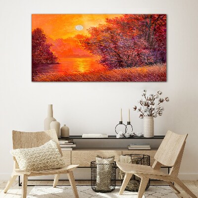 Glasbild Goldene Stunde am See