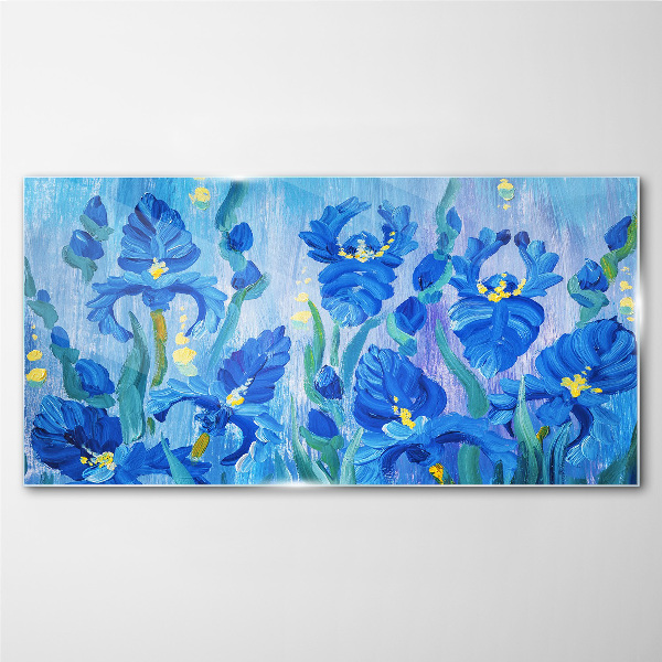 Bild auf glas Blaue Schwertlilien vor blauem Hintergrund