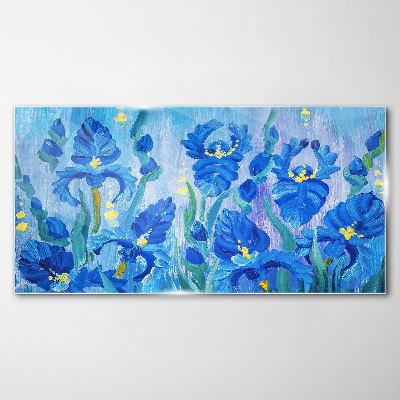 Bild auf glas Blaue Schwertlilien vor blauem Hintergrund