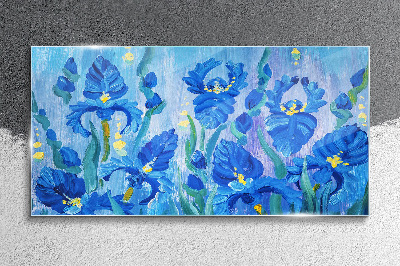 Bild auf glas Blaue Schwertlilien vor blauem Hintergrund