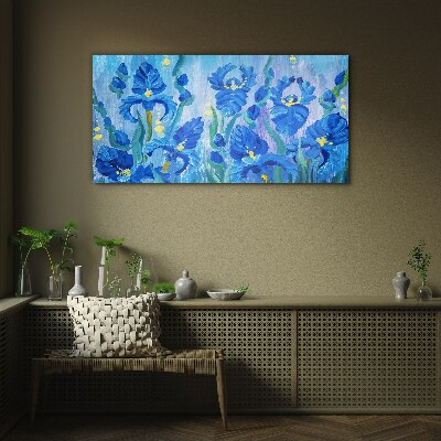 Bild auf glas Blaue Schwertlilien vor blauem Hintergrund
