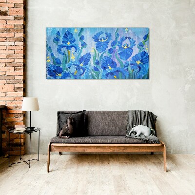 Bild auf glas Blaue Schwertlilien vor blauem Hintergrund