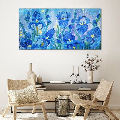 Bild auf glas Blaue Schwertlilien vor blauem Hintergrund