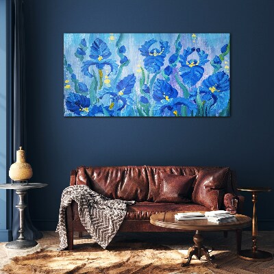 Bild auf glas Blaue Schwertlilien vor blauem Hintergrund
