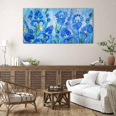 Bild auf glas Blaue Schwertlilien vor blauem Hintergrund
