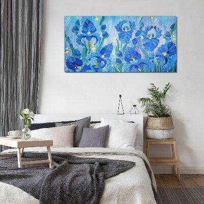 Bild auf glas Blaue Schwertlilien vor blauem Hintergrund