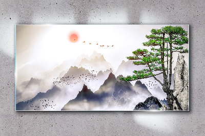 Foto auf glas Berge Nebel Sonnenbaum