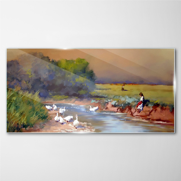 Glasbild Eine friedliche Landschaft mit Enten am Fluss