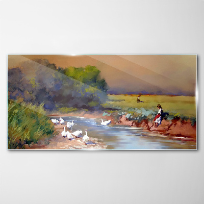 Glasbild Eine friedliche Landschaft mit Enten am Fluss