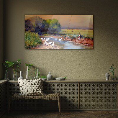 Glasbild Eine friedliche Landschaft mit Enten am Fluss