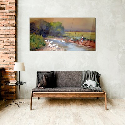 Glasbild Eine friedliche Landschaft mit Enten am Fluss