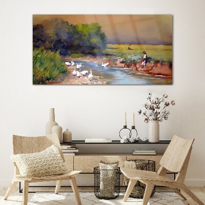 Glasbild Eine friedliche Landschaft mit Enten am Fluss
