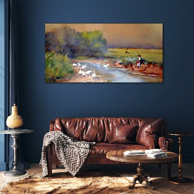 Glasbild Eine friedliche Landschaft mit Enten am Fluss