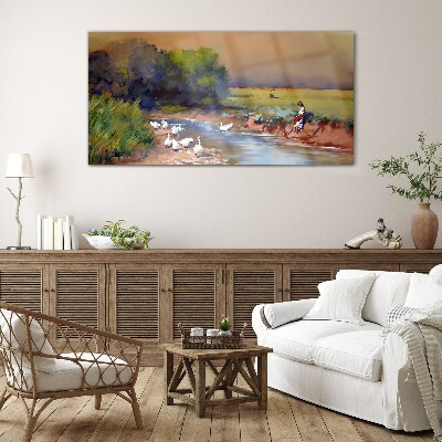Glasbild Eine friedliche Landschaft mit Enten am Fluss