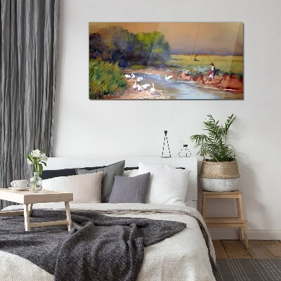 Glasbild Eine friedliche Landschaft mit Enten am Fluss