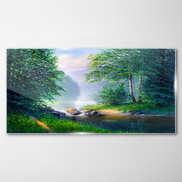Glasbild Eine friedliche Landschaft am Fluss
