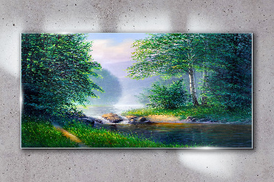 Glasbild Eine friedliche Landschaft am Fluss