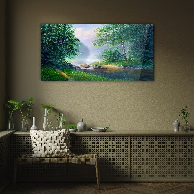 Glasbild Eine friedliche Landschaft am Fluss