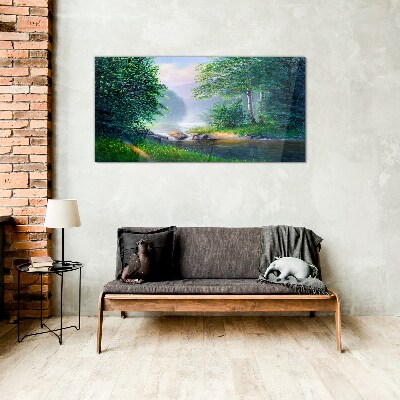 Glasbild Eine friedliche Landschaft am Fluss