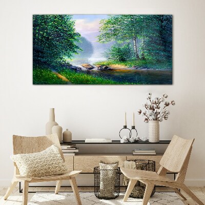 Glasbild Eine friedliche Landschaft am Fluss
