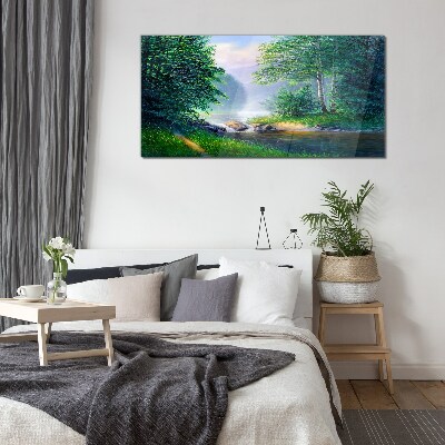Glasbild Eine friedliche Landschaft am Fluss