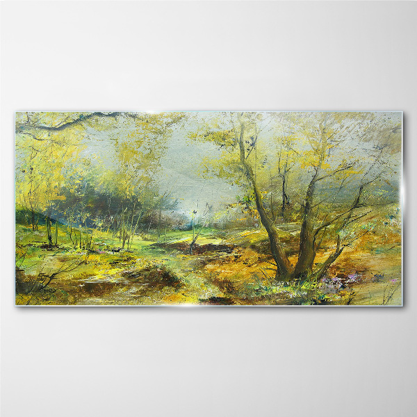 Glasbild Frühlingslandschaft mit Bäumen
