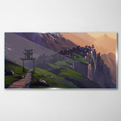 Glasbild Neblige Berglandschaft mit einer Pagode