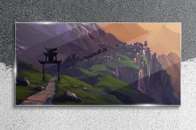 Glasbild Neblige Berglandschaft mit einer Pagode