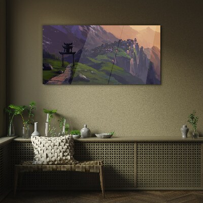Glasbild Neblige Berglandschaft mit einer Pagode