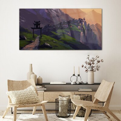 Glasbild Neblige Berglandschaft mit einer Pagode