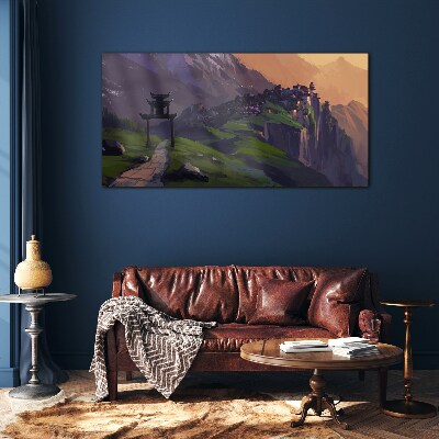 Glasbild Neblige Berglandschaft mit einer Pagode
