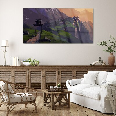 Glasbild Neblige Berglandschaft mit einer Pagode