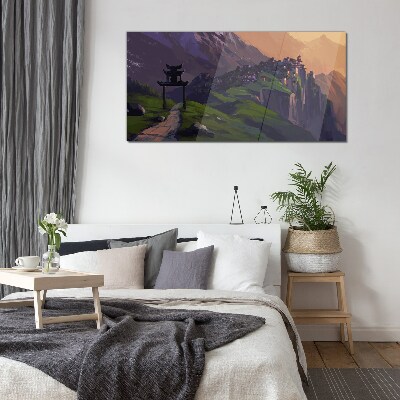 Glasbild Neblige Berglandschaft mit einer Pagode