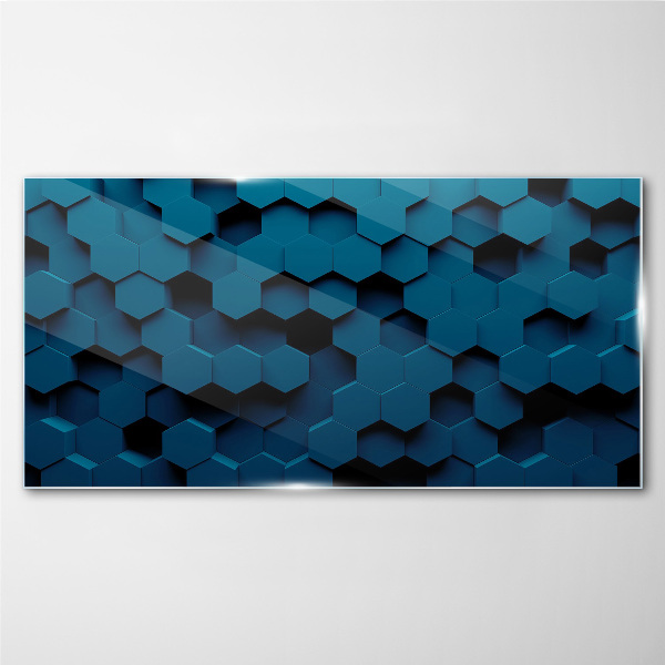 Glasbild Geometrische Sechsecke in Blautönen