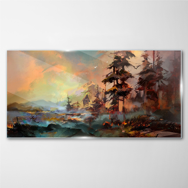 Glasbild Malerei Bäume Dorf Berge