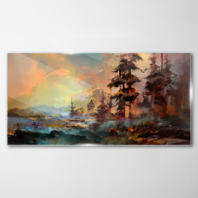 Glasbild Malerei Bäume Dorf Berge
