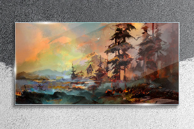 Glasbild Malerei Bäume Dorf Berge