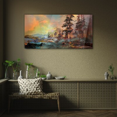 Glasbild Malerei Bäume Dorf Berge