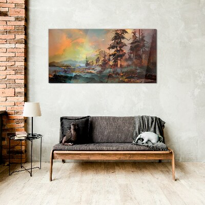 Glasbild Malerei Bäume Dorf Berge