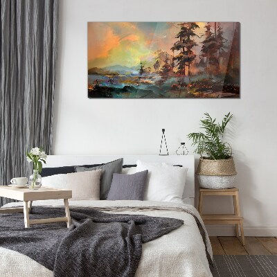 Glasbild Malerei Bäume Dorf Berge