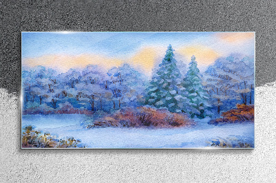 Glasbild Aquarell Schneebaumwald