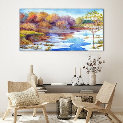 Glasbild Aquarell-Flussbäume