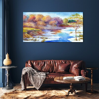 Glasbild Frühlingslandschaft am Fluss