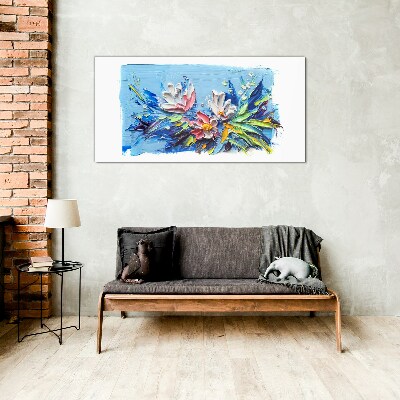 Glasbild Blumenlandschaft in Blautönen